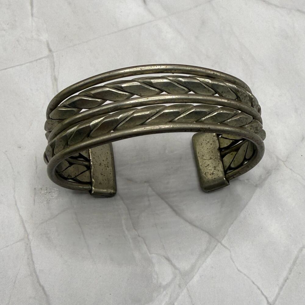 Vintage Silver Tone Braided Wheat Chain Wide Cuff Bracelet Boho Unisex